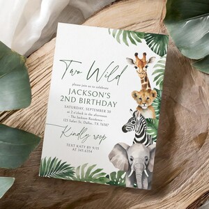Two Wild Safari Birthday Invitation Template, Tropical Safari Animals Birthday Invite, 2nd Birthday, DIGITAL DOWNLOAD