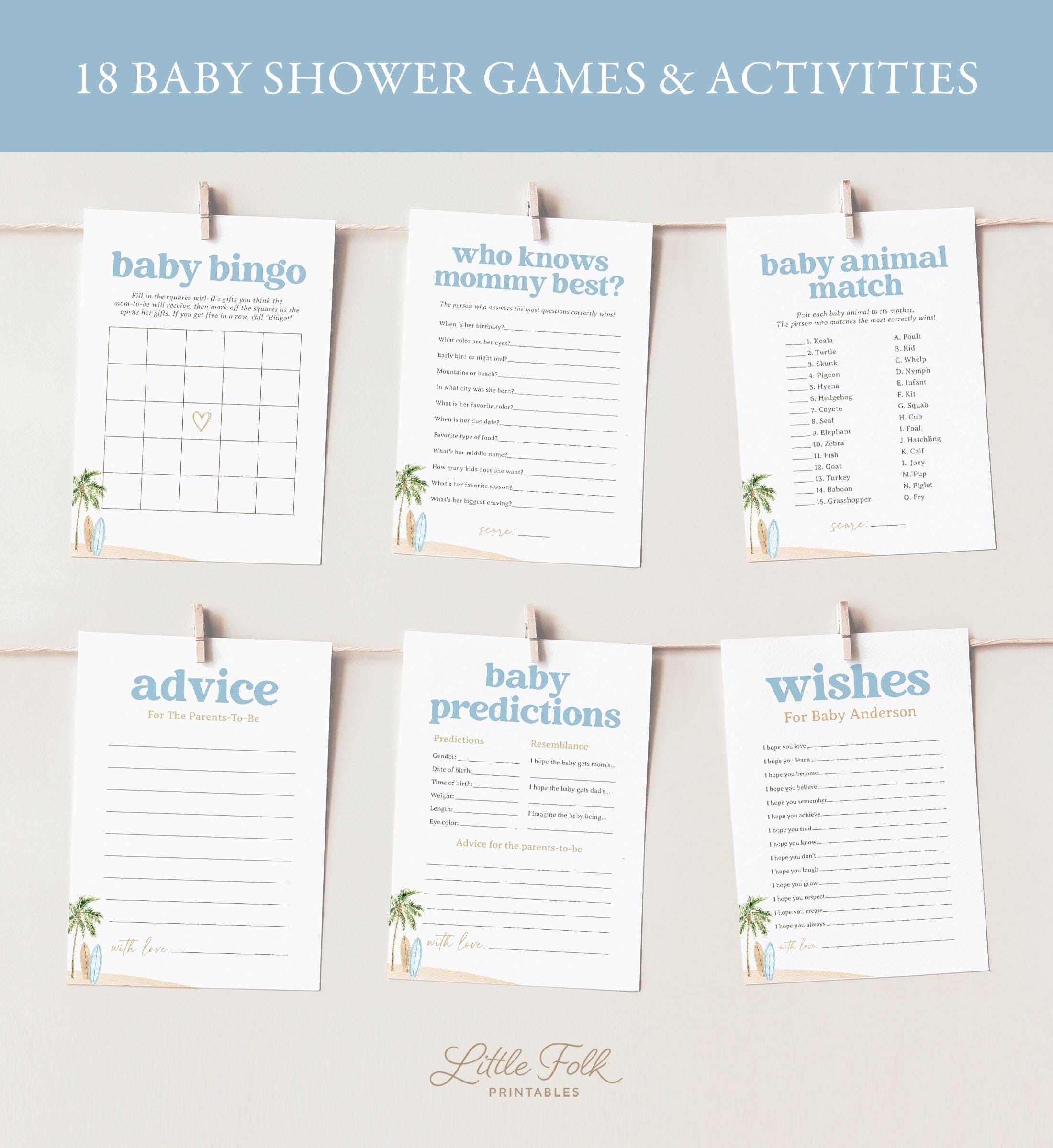 Surfboard Baby Shower Games Bundle, Surf Beach Baby Shower Activities, Printable Baby on Board Baby Shower Games, DIGITAL DOWNLOAD