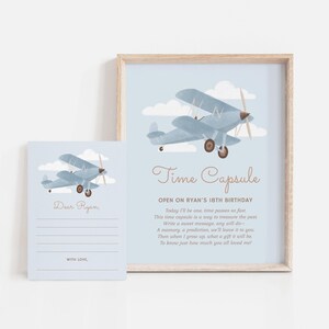Capsule temporelle modifiable de fête d'anniversaire d'avion, décorations de premier anniversaire de voyage vintage imprimables, téléchargement numérique