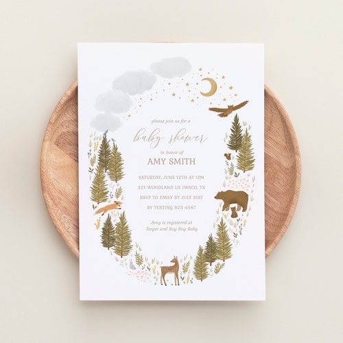 Woodland Baby Shower Invitation Template Greenery Woodland Etsy