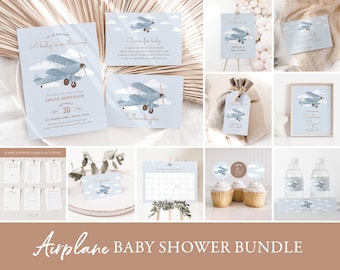 Airplane Baby Shower Invitation Bundle, Printable Vintage Travel Baby Shower Decorations and Games, Editable Template, DIGITAL DOWNLOAD