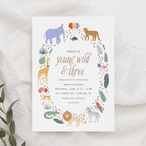 Editable Young Wild and Three 3rd Birthday Party Invitation, Jungle Safari Animals Birthday Party Invite Template, DIGITAL DOWNLOAD image 5