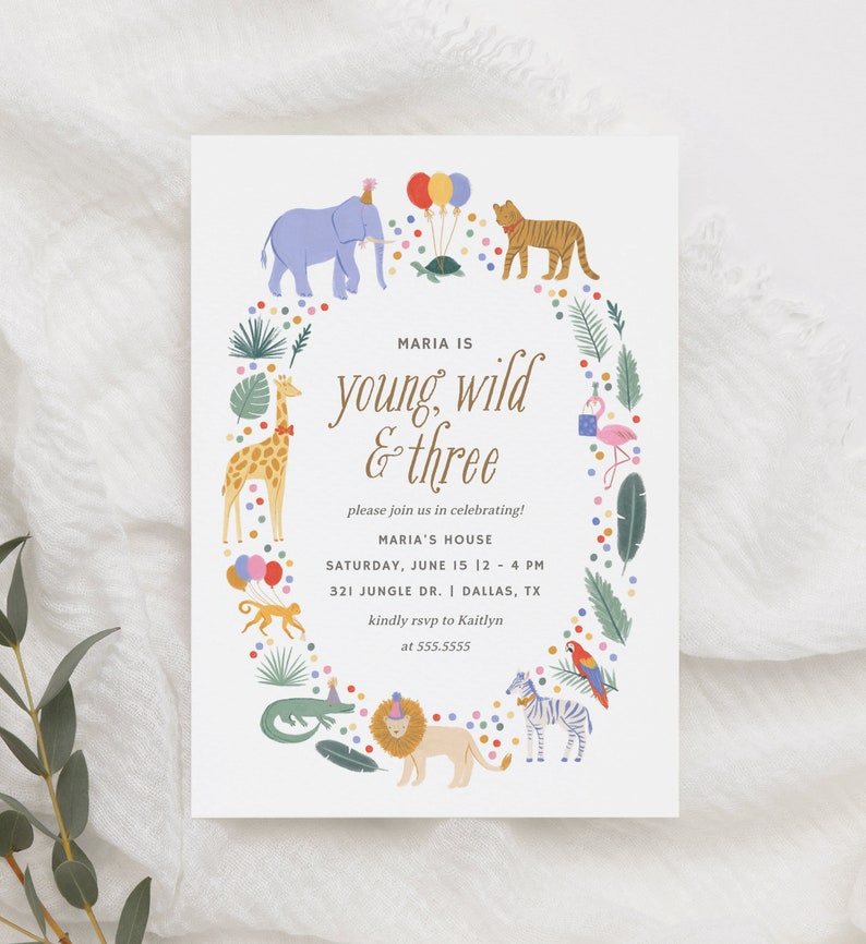 Editable Young Wild and Three 3rd Birthday Party Invitation, Jungle Safari Animals Birthday Party Invite Template, DIGITAL DOWNLOAD image 5
