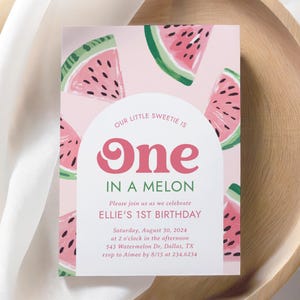 May include: Pink and green watermelon birthday invitation with the text "Our little sweetie is One in a melon". The invitation includes the details of the birthday party, including the date, time, location, and RSVP information.