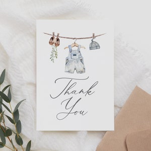 Boho Baby Clothes Baby Shower Thank You Card, Clothesline Boy Baby Shower Folded Thank You Card Template, DIGITAL DOWNLOAD