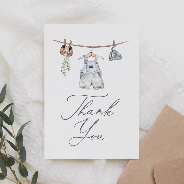 Boho Baby Clothes Baby Shower Thank You Card, Clothesline Boy Baby Shower Folded Thank You Card Template, DIGITAL DOWNLOAD