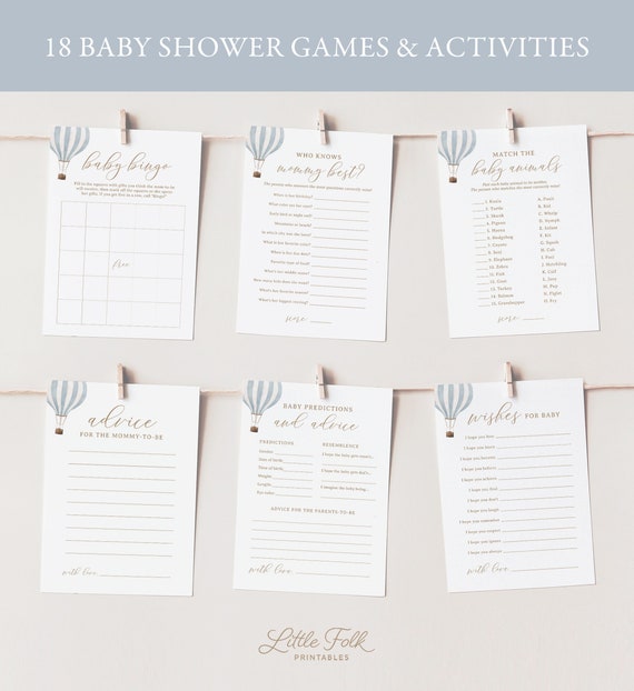 Editable Blue Hot Air Balloon Baby Shower Games Bundle, Printable Travel Baby Shower Games and Activities, DIGITAL DOWNLOAD