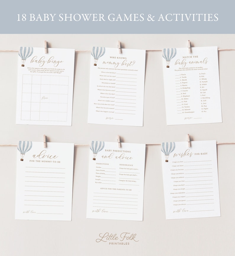 Ensemble de jeux de baby shower en montgolfière bleue modifiable, jeux et activités de baby shower de voyage imprimables, TÉLÉCHARGEMENT NUMÉRIQUE image 1