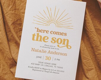 Here Comes the Son Baby Shower Invitation, Boho Sunshine Baby Shower Invite Template, DIGITAL DOWNLOAD