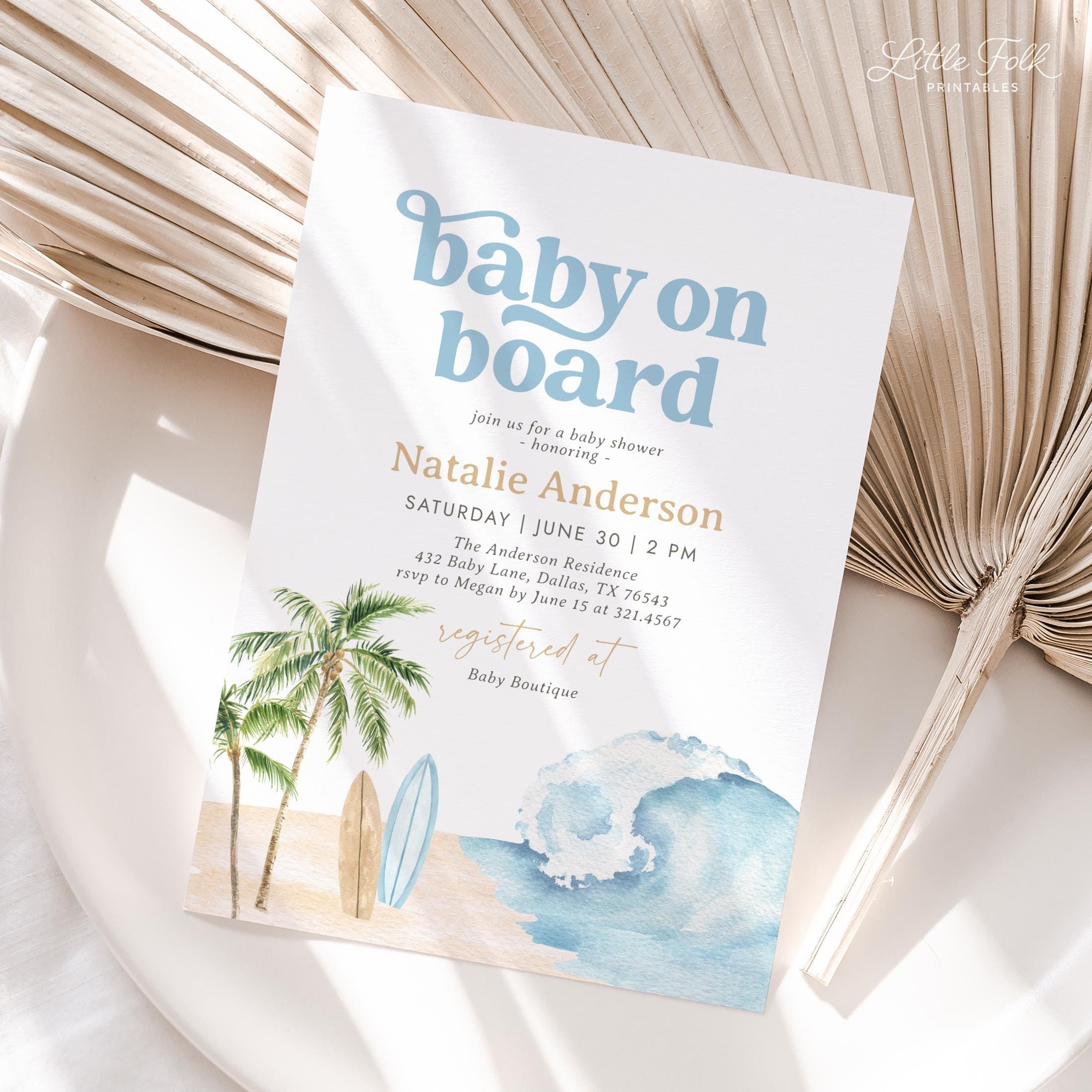 Baby on Board Baby Shower Invitation, Surf Beach Baby Shower Editable Invite, Printable Surfboard Invitation Template, DIGITAL DOWNLOAD