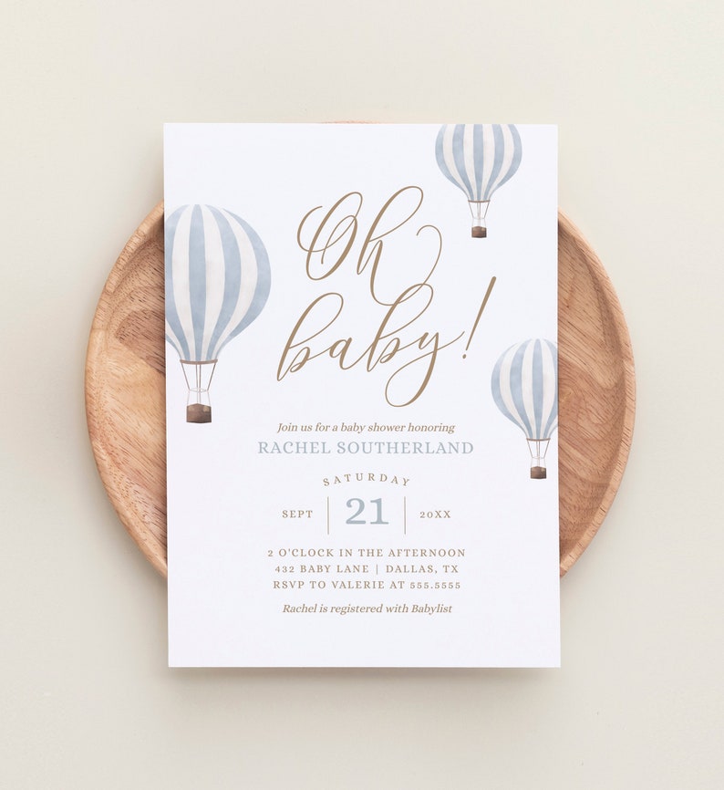 Blue Hot Air Balloon Baby Shower Invitation, Boy Baby Shower Invite, Oh Baby Printable Invitation Template, DIGITAL DOWNLOAD image 5