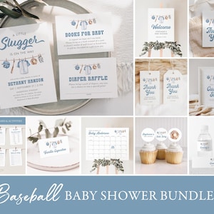 Pacchetto di inviti per baby shower a tema baseball, modello modificabile per decorazioni e giochi per baby shower "Little Slugger on the Way", DOWNLOAD DIGITALE
