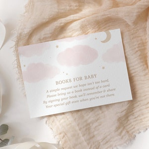 Różowe księżyce i gwiazdy Książki dla dziecka Szablon karty, akwarelowe chmury Baby Shower Book Request Insert, Szablon do wydruku, CYFROWE POBIERANIE