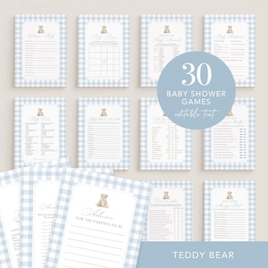 May include: A set of baby shower games with a teddy bear theme. The games have a light blue gingham pattern and include titles such as "Wishes for Baby" and "Baby Bingo." The image also includes the text "30 Baby Shower Games" and "Teddy Bear."