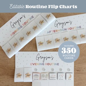 Puede incluir: Tableros de rutina editables que muestran las rutinas de mañana, tarde y noche de Grayson. Las tarjetas blancas tienen puntos grises, iconos de estrellas con el texto Done! e iconos de actividades como un baño, pijama y libros. Incluye 350 tarjetas.