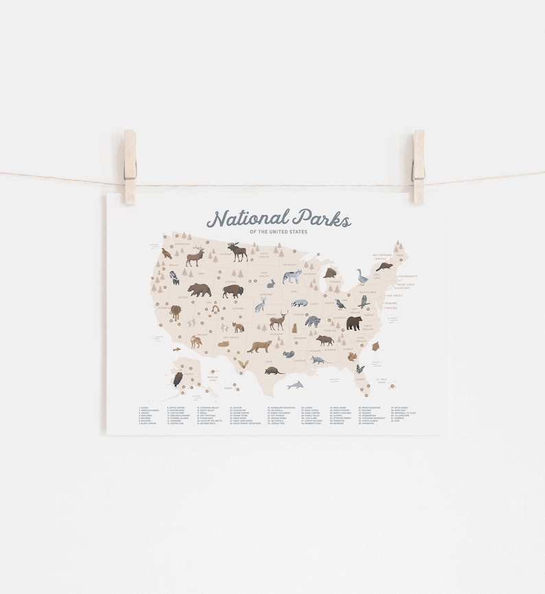 Puede incluir: Un mapa beige de los Estados Unidos con ilustraciones de animales que se encuentran en cada parque nacional. El mapa se titula "National Parks of the United States".