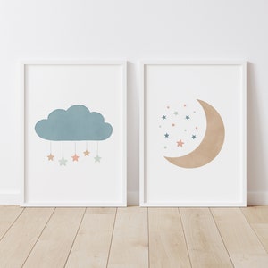 Moon and Stars Nursery Prints Set of 2, Kids Room Decor, PRINTABLE Cloud Wall Art, Girl Nursery Decor, DIGITAL DOWNLOAD