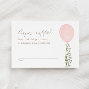 Rosa Ballon Windel Lotterie Ticket Vorlage, Aquarell Ballon Baby Shower Windel Tombola Karte Einsatz, druckbare Vorlage, DIGITAL DOWNLOAD