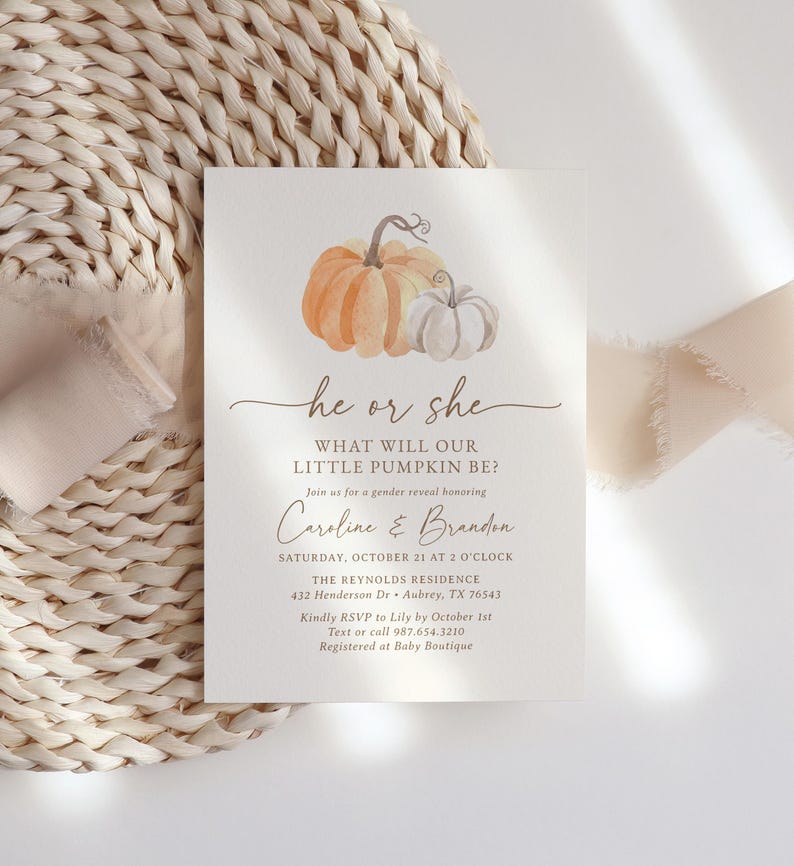 Little Pumpkin Gender Reveal Invitation, Fall Gender Reveal Invite, Printable Pumpkin Invitation Template, DIGITAL DOWNLOAD image 5