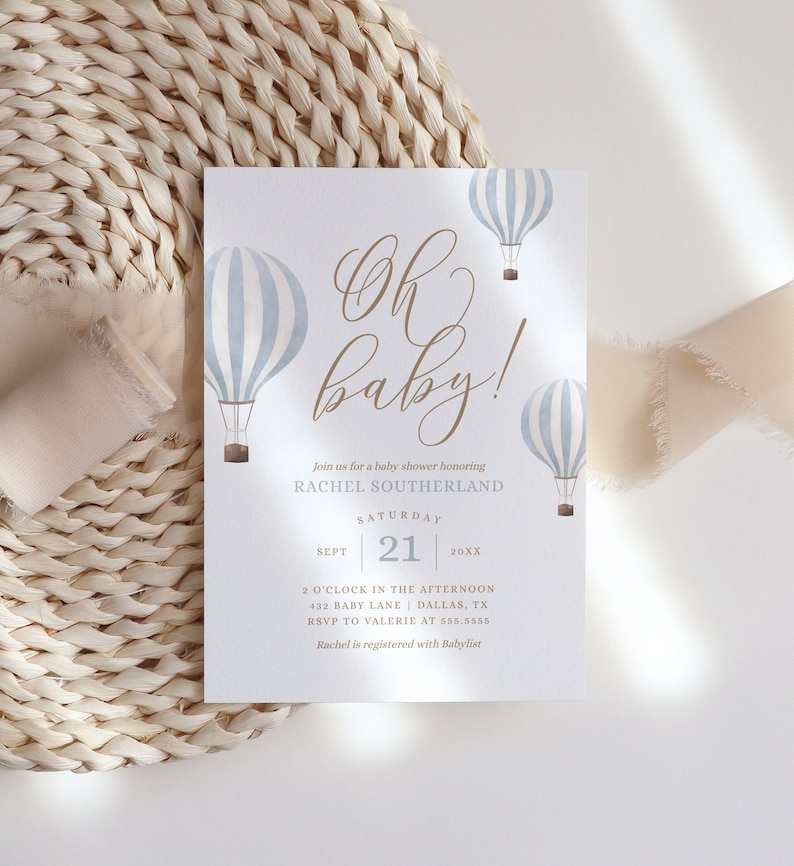 Blue Hot Air Balloon Baby Shower Invitation, Boy Baby Shower Invite, Oh Baby Printable Invitation Template, DIGITAL DOWNLOAD image 1