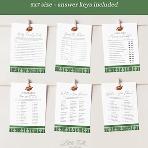 May include: Six white cards with football-themed baby shower games, including "Baby Family Feed" and "Guess the Price." Each card is 5x7 inches and has a green and white football field border. The text "Little Folk Printables" is at the bottom.