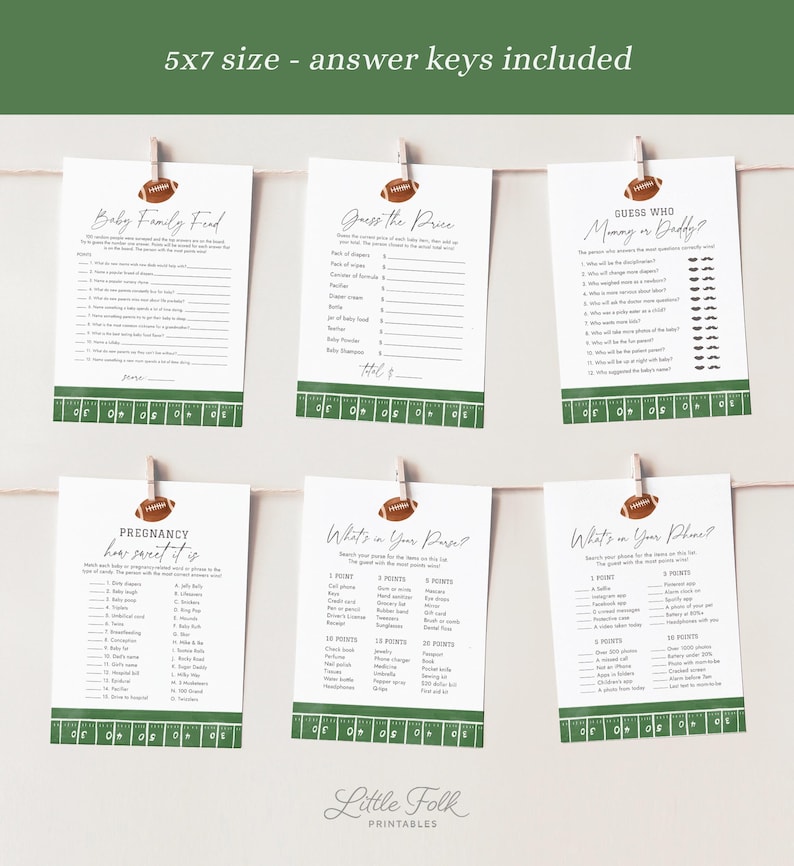 May include: Six white cards with football-themed baby shower games, including "Baby Family Feed" and "Guess the Price." Each card is 5x7 inches and has a green and white football field border. The text "Little Folk Printables" is at the bottom.