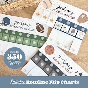 May include: Three sports-themed routine flip charts labeled Jackson's Morning, Afternoon, and Evening Routine. Each chart features illustrations of baseballs, footballs, and basketballs, with interactive flip tabs, velcro dots, and task icons for daily activities. Includes a circular graphic stating includes 350 routine cards.