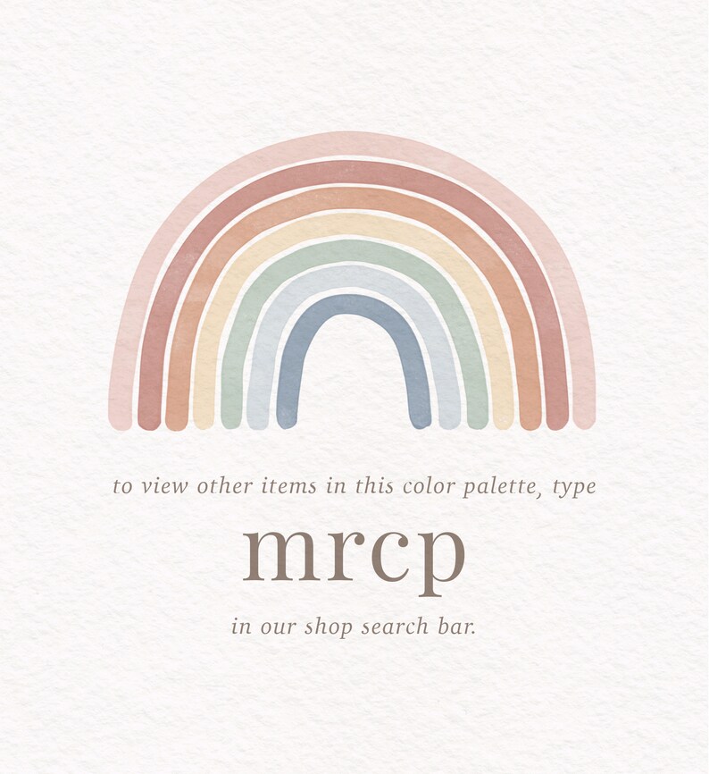 K&ouml;nnte beinhalten: Ein Aquarell-Regenbogen in Pastellfarben, darunter Rosa, Orange, Gelb, Gr&uuml;n, Blau und Lila. Der Text "to view other items in this color palette, type mrcp in our shop search bar." befindet sich unter dem Regenbogen.