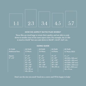May include: A sizing guide for digital files, featuring aspect ratios 1:1, 2:3, 3:4, 4:5, and 5:7. Includes a chart with common print sizes in inches and centimeters, such as 11" x 14", 16" x 20", and A4 (297 x 210 mm).