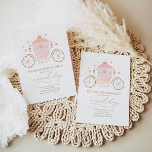 May include: Two pink and gold invitation cards with a carriage illustration and the text "MADISON IS TURNING 5! please join us for a magical day" and details for a birthday party.