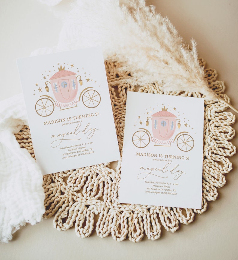 May include: Two pink and gold invitation cards with a carriage illustration and the text "MADISON IS TURNING 5! please join us for a magical day" and details for a birthday party.