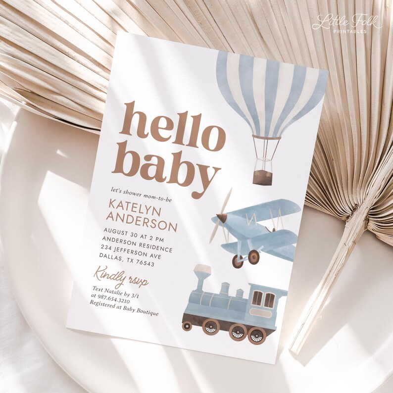 Mall för babyshowerinbjudan för resor, babyshowerinbjudan för vintageflygplan, babyshowerinbjudan för pojke, digital nedladdning för luftballongtåg bild 6