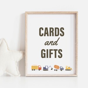 Cartões de festa de aniversário de construção e sinal de presentes, decoração de mesa de aniversário de veículo de construção imprimível, download digital