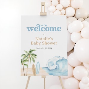 Cartello di benvenuto per baby shower "Baby on Board", modello di cartello di benvenuto per baby shower con tavola da surf stampabile, surf sulla spiaggia costiera, DOWNLOAD DIGITALE