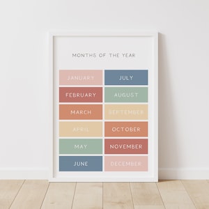 Rainbow Months of the Year Poster, Printable Wall Art, Rainbow Homeschool Print, Montessori Decor, Classroom Decor, DIGITAL DOWNLOAD