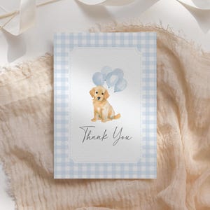 Golden retriever babyshower gevouwen bedankkaartsjabloon, blauwe pastel hond babyshower afdrukbare kaart, blauwe ballon, DIGITALE DOWNLOAD