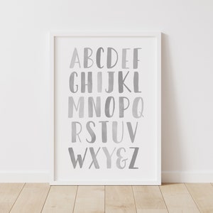 Gray Alphabet Poster, Gray ABC Print, Printable Educational Wall Art, Kids Room Decor, Neutral Nursery Decor, DIGITAL DOWNLOAD