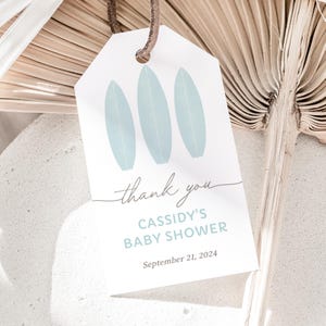 Bewerkbare blauwe surfplank baby shower gunst tag sjabloon, afdrukbare surfplank cadeaukaartje, baby aan boord, digitale DOWNLOAD