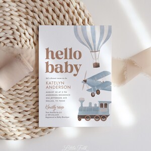 Mall för babyshowerinbjudan för resor, babyshowerinbjudan för vintageflygplan, babyshowerinbjudan för pojke, digital nedladdning för luftballongtåg bild 4