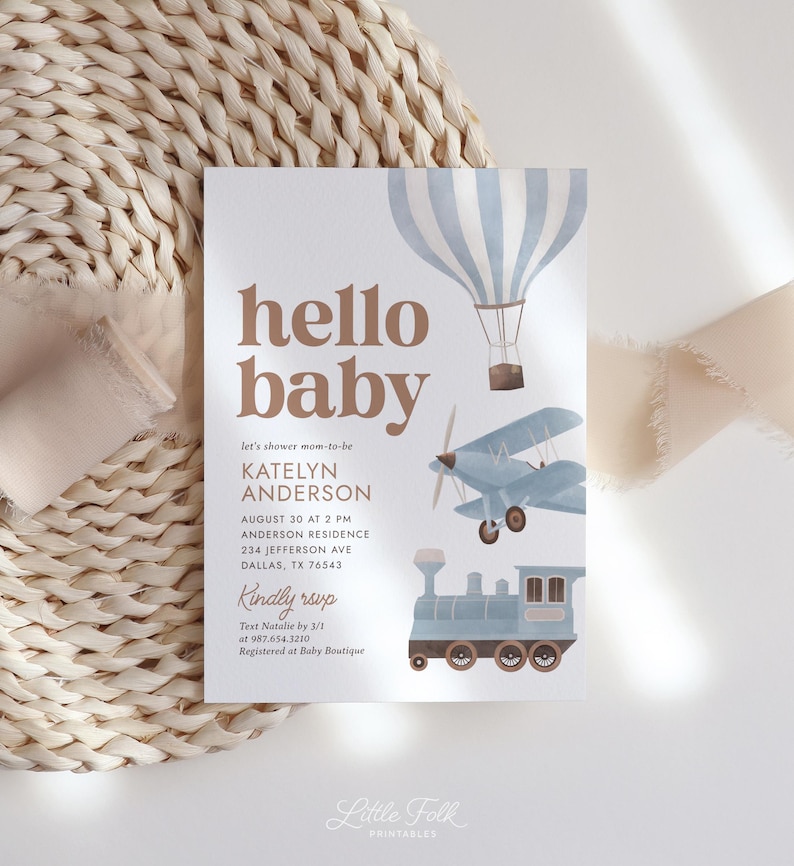Mall för babyshowerinbjudan för resor, babyshowerinbjudan för vintageflygplan, babyshowerinbjudan för pojke, digital nedladdning för luftballongtåg bild 4
