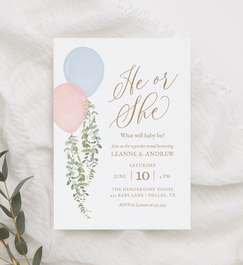 Balloon Eucalyptus Gender Reveal Invitation Template, Printable Watercolor Balloon Gender Reveal Invite, DIGITAL DOWNLOAD imagem 1