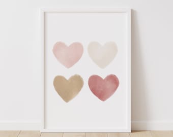 Aquarell Herzen Druck, Neutral Kinderzimmer Dekor, DRUCKBARE Wandkunst, Mädchen Kinderzimmer Druck, Kinderzimmer Dekor, Rosa Kinderzimmer, DIGITAL DOWNLOAD