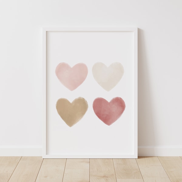 Watercolor Hearts Print, Neutral Nursery Decor, PRINTABLE Wall Art, Girl Nursery Print, Kids Room Decor, Pink Nursery, DIGITAL DOWNLOAD