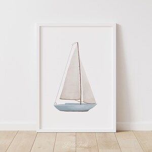 May include: A watercolour illustration of a sailboat with a white sail and a light blue hull. The sailboat is set against a white background.