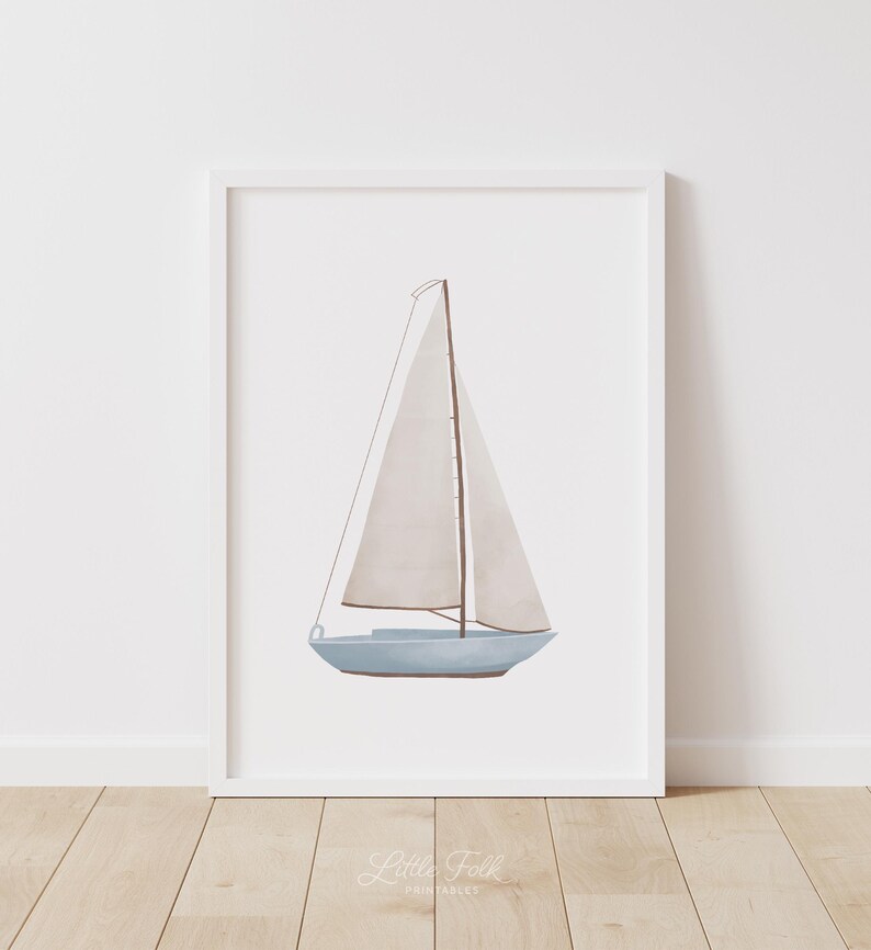 May include: A watercolour illustration of a sailboat with a white sail and a light blue hull. The sailboat is set against a white background.