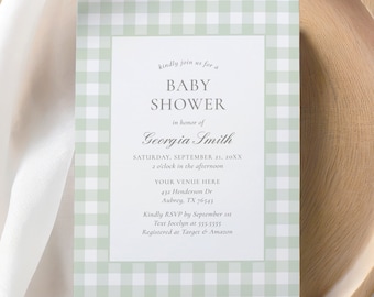 Sage Green Gingham Baby Shower Invitation, Editable Classic Gingham Baby Shower Invite, Printable Invitation Template, DIGITAL DOWNLOAD