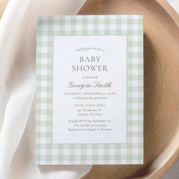 Sage Green Gingham Baby Shower Invitation, Editable Classic Gingham Baby Shower Invite, Printable Invitation Template, DIGITAL DOWNLOAD