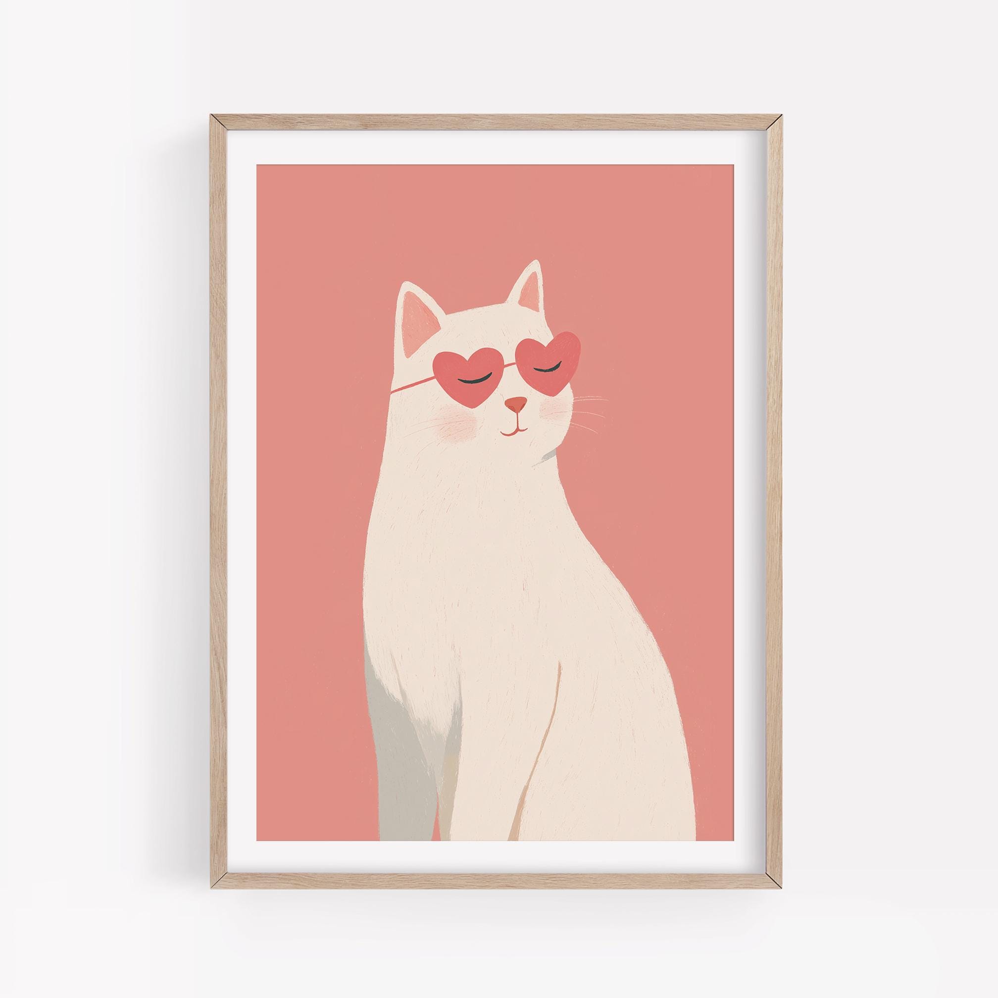 Pink Cat Print, Cute Cat Nursery Decor, Pink Cat With Sunglasses Wall ...