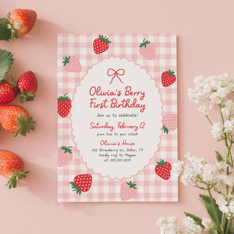 Strawberry 1st Birthday Invitation Template, Editable Pink Gingham Girl ...