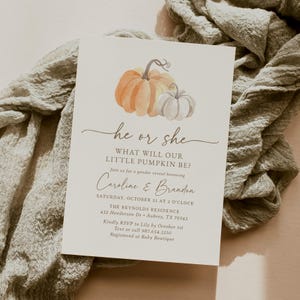 Little Pumpkin Gender Reveal Invitation, Fall Gender Reveal Invite, Printable Pumpkin Invitation Template, DIGITAL DOWNLOAD image 1
